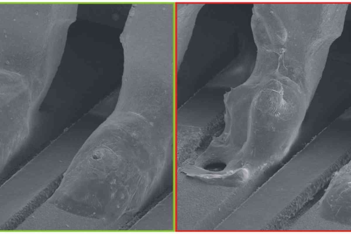 Schweißpunkt beim Laser-Mikroschweißen (links); unerwünschter "Abbrand" (rechts)