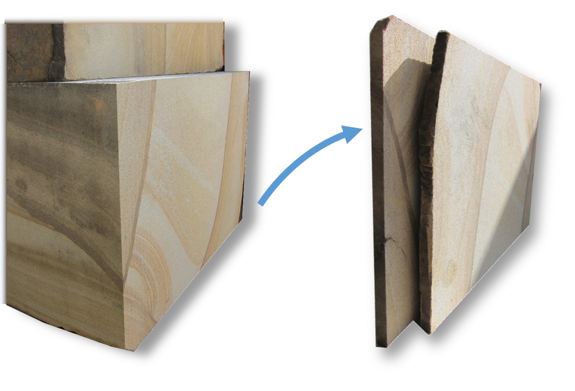 Darstellung eines Rohblocks aus Ibbenbürener Sandstein und weiterverarbeitete Naturwerksteinplatten