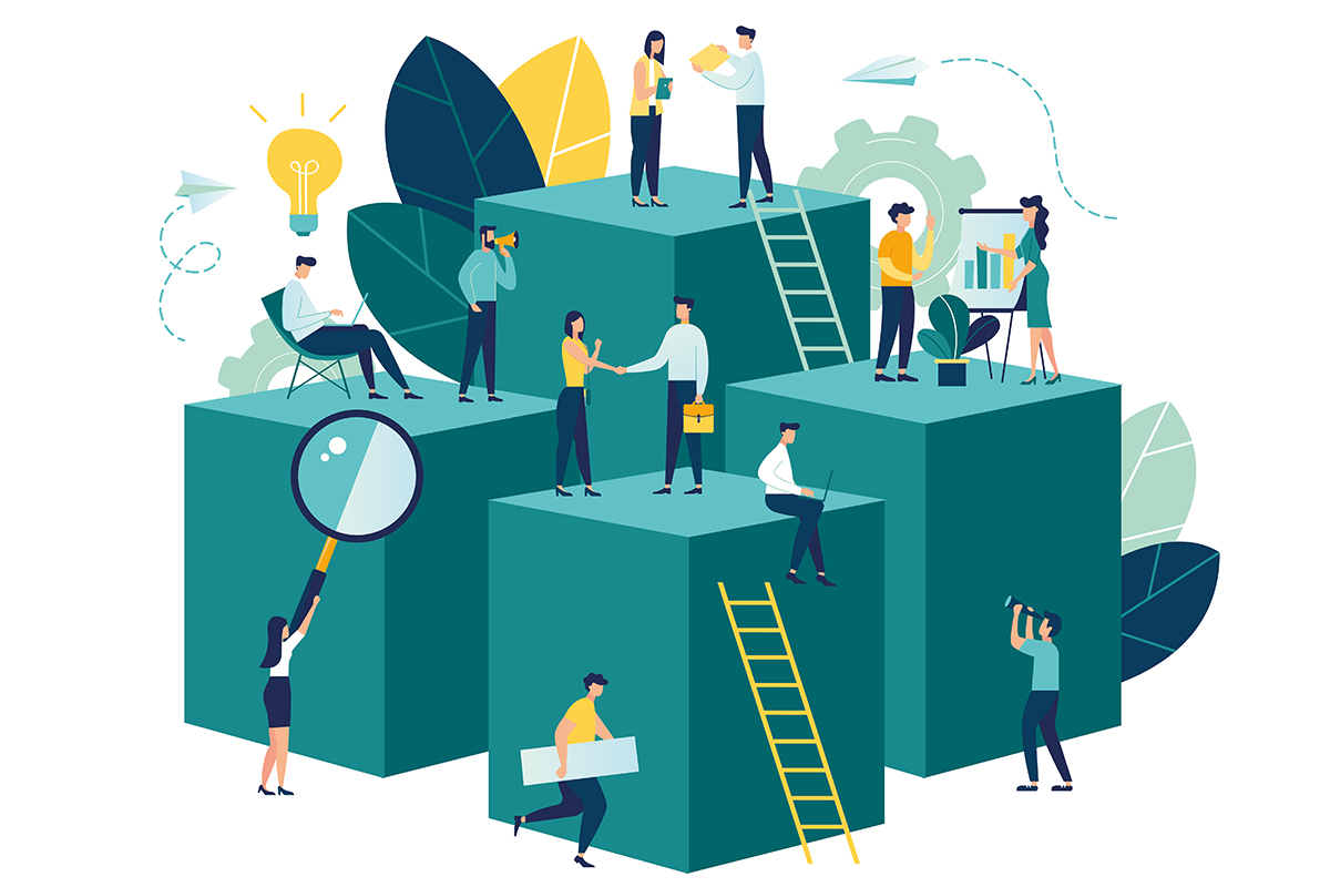 Grafische Darstellung von Menschen, die trotz Widerständen kommunizieren und miteinander produktiv zusammenarbeiten.