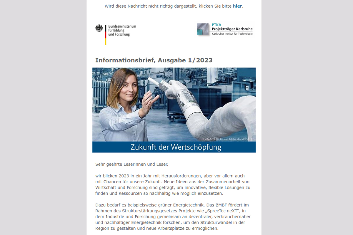 Informationsbrief / Newsletter zum BMBF-Forschungsprogramm Zukunft der Wertschöpfung, Ausgabe 1/2023