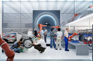 Eine moderne, helle Produktionsanlage mit Leichtbau-Robotik wo jung und alt aufeinandertreffen