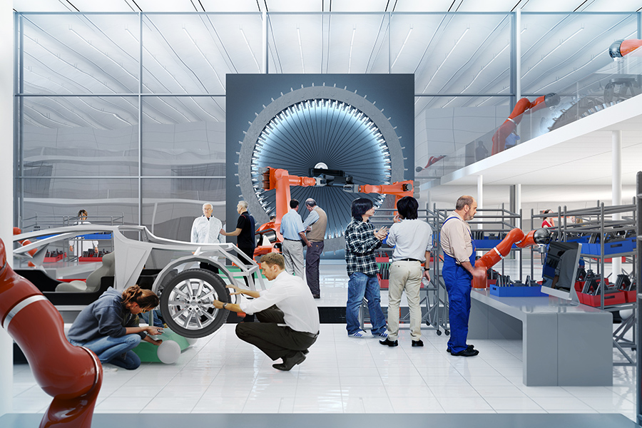 Die Arena 2036 erforscht ein grundsätzlich neues Konzept für die Fahrzeugproduktion – ganz ohne Takt und ohne Linie, aber mit taktiler Leichtbau-Robotik © Werner Sobek