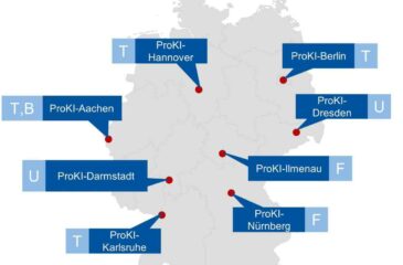 Deutschlandkarte auf der die Transfer- und Demonstrationszentren zur Unterstützung der KI-Einführung eingezeichnet sind.