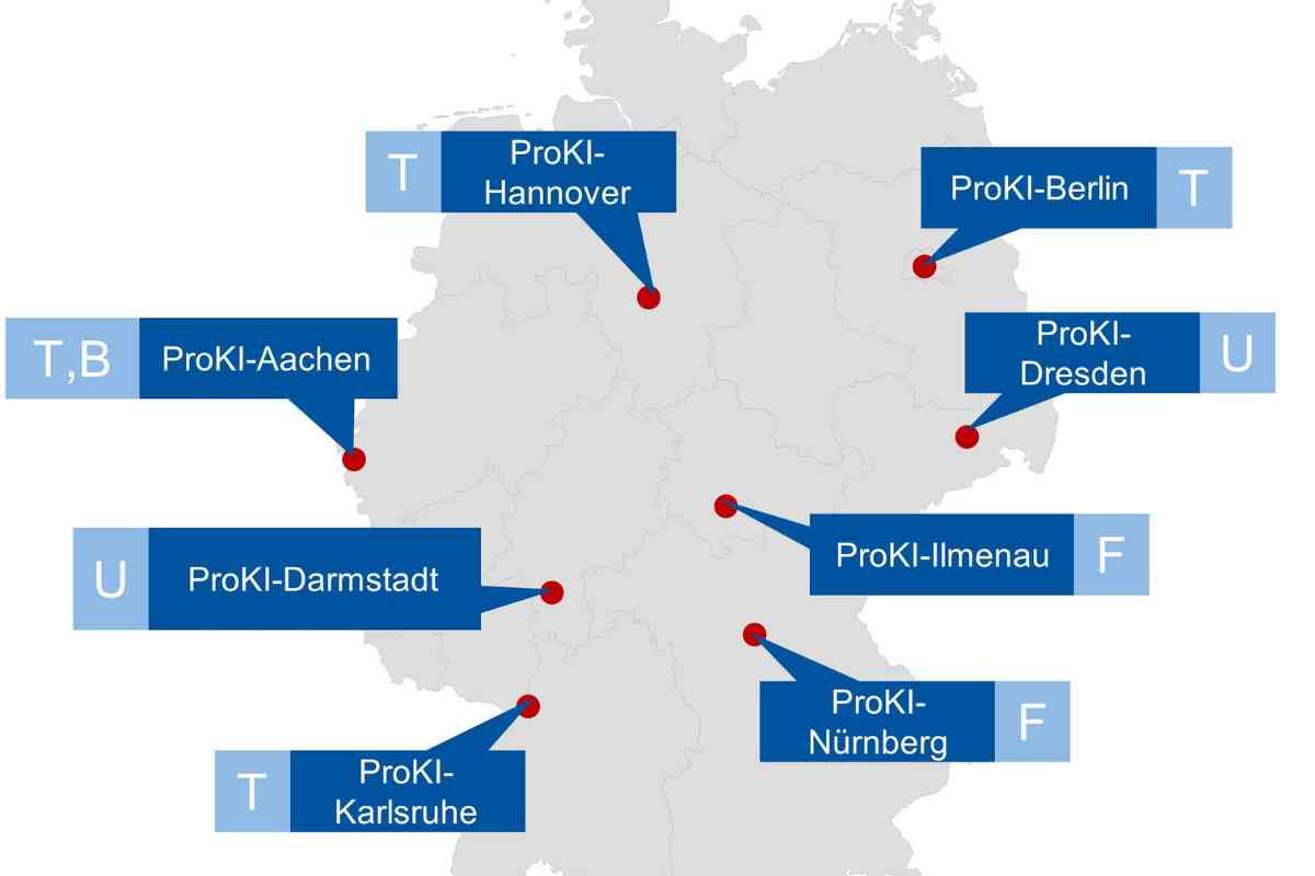 Deutschlandkarte auf der die Transfer- und Demonstrationszentren zur Unterstützung der KI-Einführung eingezeichnet sind.