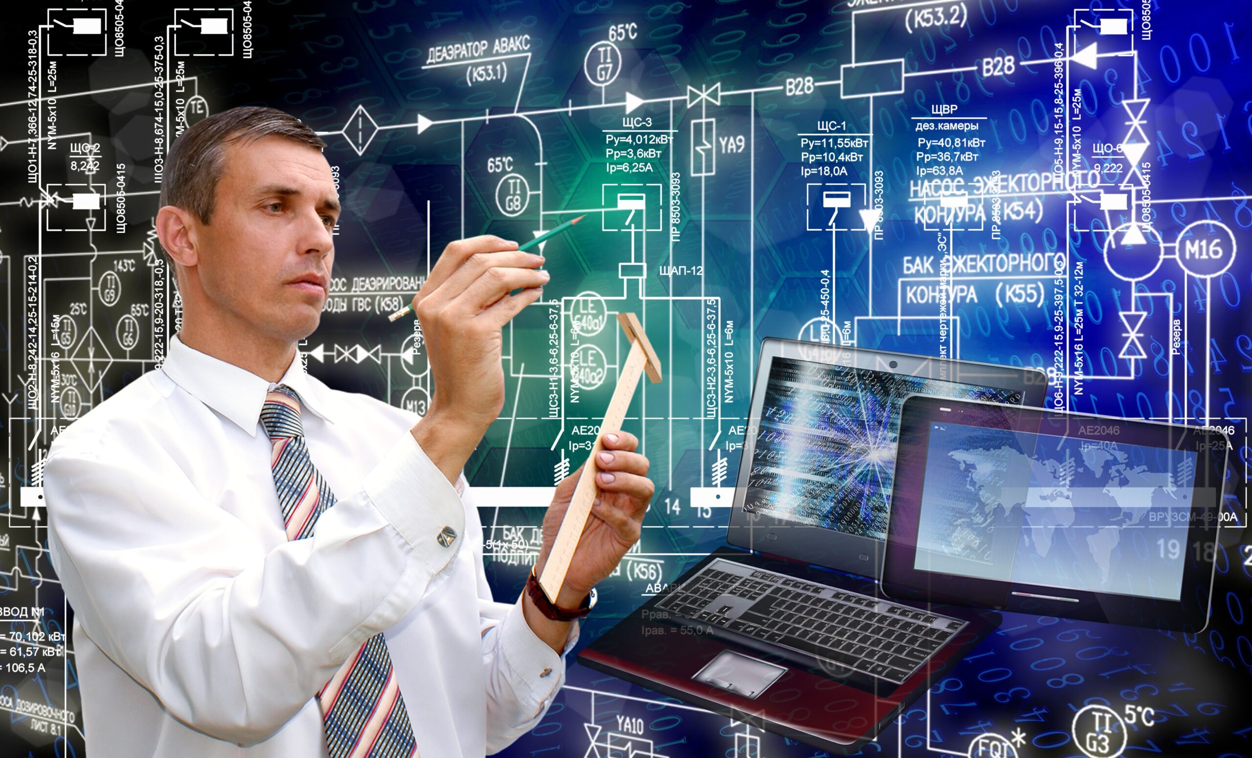 Ein Bild das Maß nehmen im analogen und digitalen Sinne verschmelzen lässt. Digitales Engineering