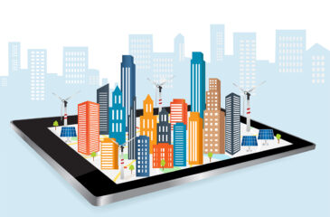 Illustration Smart City. Stadt „wächst“ auf Tablet.