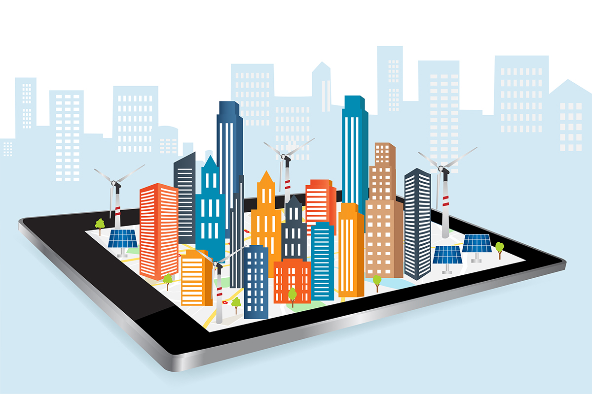 Illustration Smart City. Stadt „wächst“ auf Tablet.