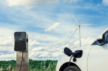E-Auto, das an Ladesäule angeschlossen ist und lädt. Im Hintergrund Wald, Himmel, Windräder.