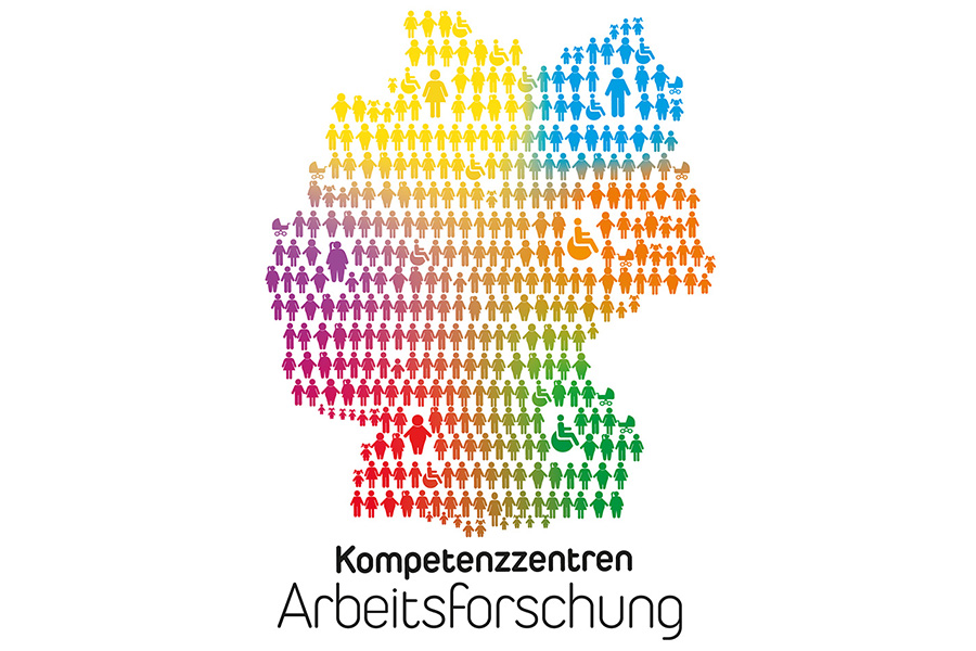 Eine bunte Deutschlandkarte die komplett aus verschiedensten Icons von Menschen besteht. Unten der Text: Kompetenzzentren Arbeitsforschung