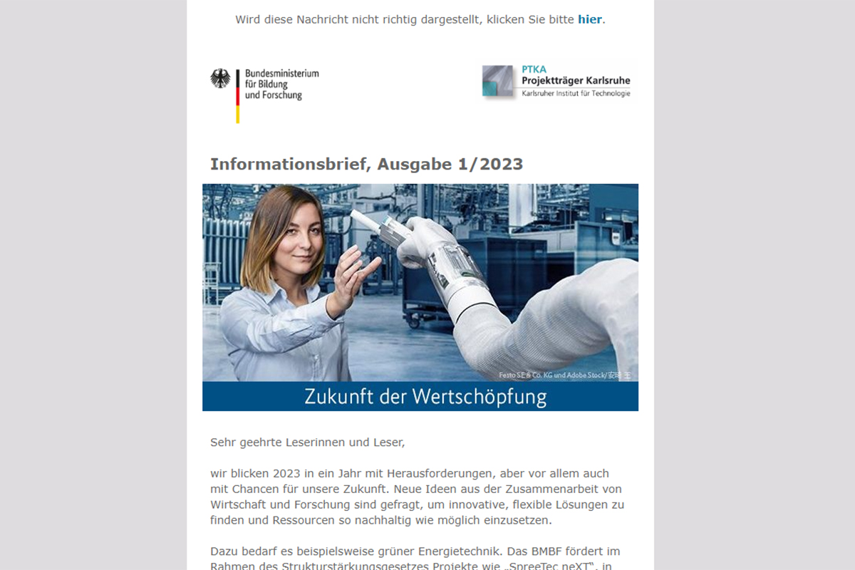 Informationsbrief / Newsletter zum BMBF-Forschungsprogramm Zukunft der Wertschöpfung, Ausgabe 1/2023