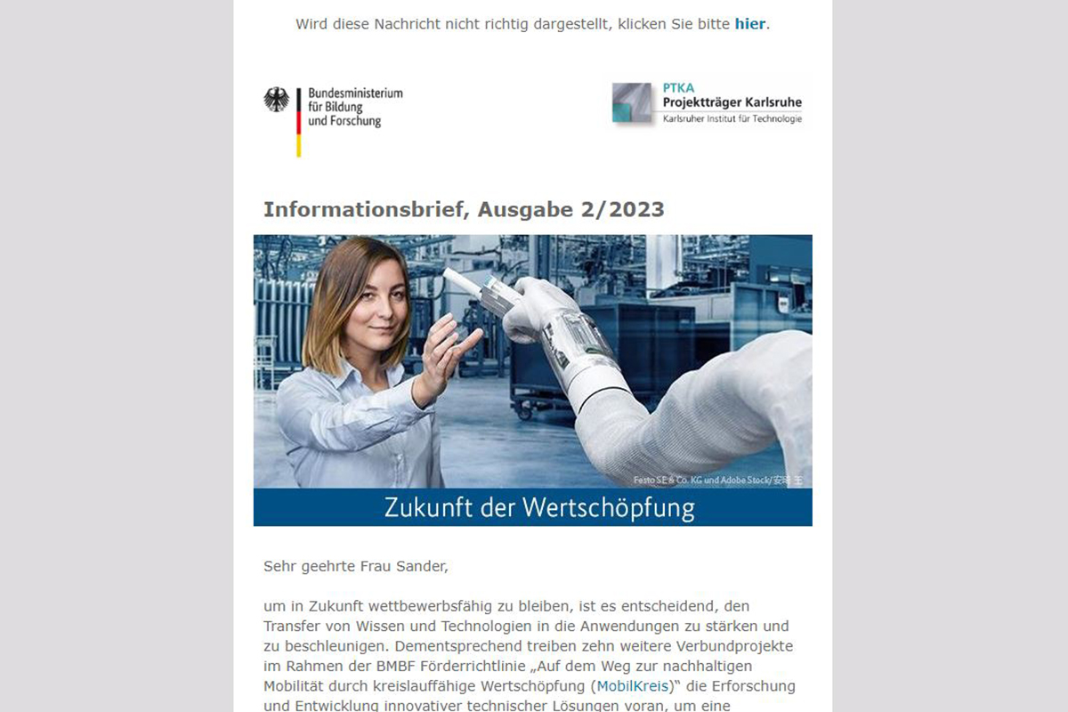 Screenshot des Informationsbriefs Zukunft der Wertschöpfung, Ausgabe 2/2023