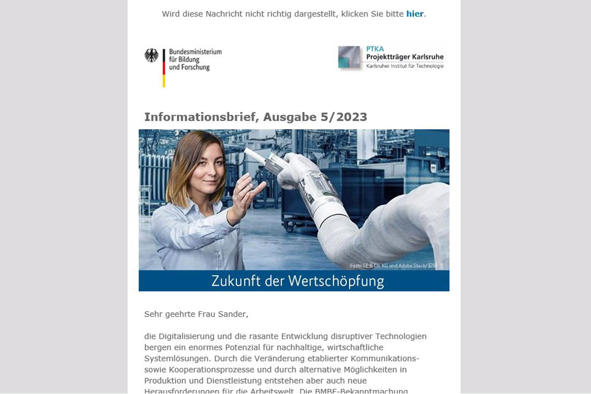Screenshot Headerbild und Editorial des Informationsbrief zur Zukunft der Wertschöpfung, Ausgabe 5/2023