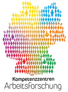 Eine bunte Deutschlandkarte die komplett aus verschiedensten Icons von Menschen besteht. Unten der Text: Kompetenzzentren Arbeitsforschung