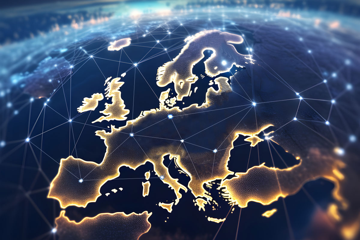 Eine Landkarte von Europa mit angedeuteter Weltkugel. Ein Teil der Hauptstädte sind mit Lichtpunkten verbunden und stellen die europäischen Kollaborationsnetzwerke dar.