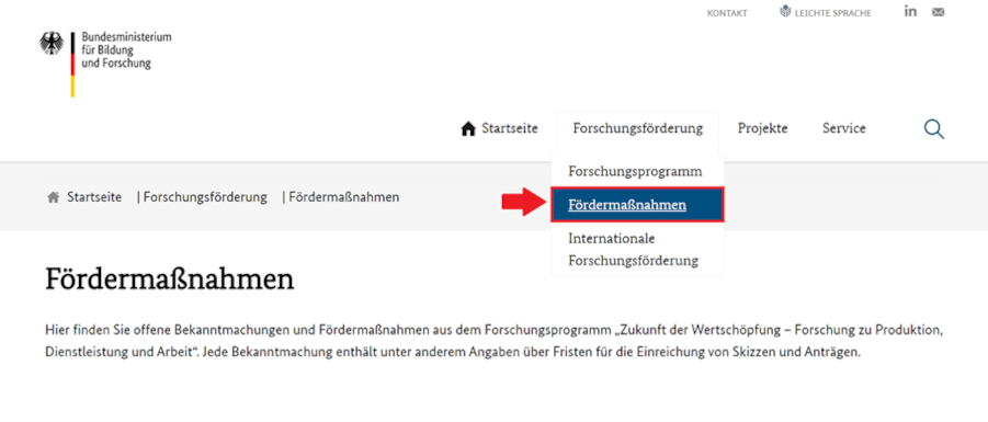 Screenshot eines Teils der Seite "Forschungsförderung" der Internetseite www.zukunft-der-wertschoepfung.de