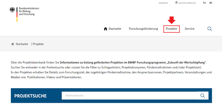 Screenshot eines Teils der Seite "Projekte" der Internetseite www.zukunft-der-wertschoepfung.de