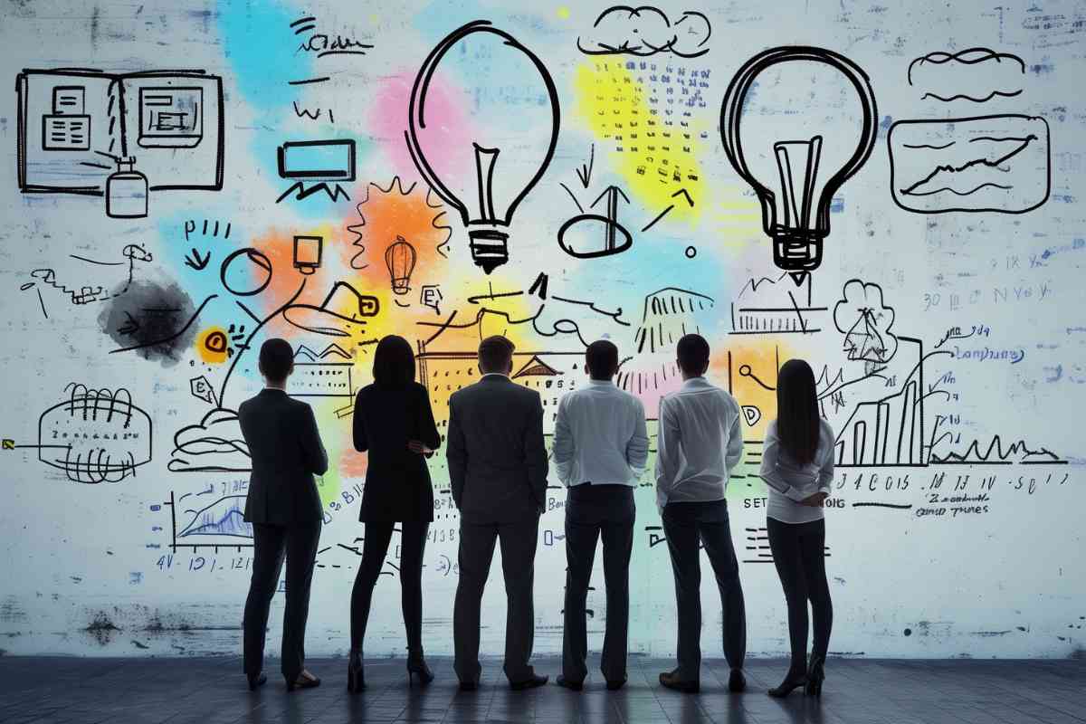 Bild der Bekanntmachung ur Förderung von Projekten zu wissenschaftlichen Voruntersuchungen zur Zukunft der Wertschöpfung in Deutschland (wiVoWert). Zu sehen sind Menschen, die gemeinsam ein Brainstorming machen.