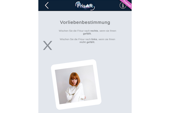 Screenshot aus der von FrisAR entwickelten App. Ein Foto mit neuer Frisur wird angezeigt und kann bei Nicht-Gefallen weitergewischt werden, um die nächste Variante anzusehen.