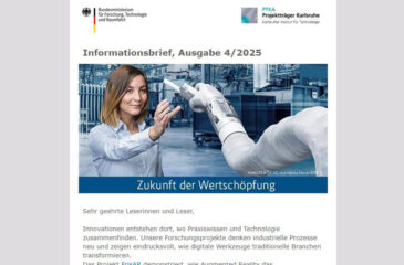 Screenshot des Headers des Newsletters Informationsbrief zur Zukunft der Wertschöpfung, Ausgabe 3/2025. Der Screenshot zeigt eine Frau in einer Fabrikhalle. Ein Roboter überreicht ihr ein Gerät.