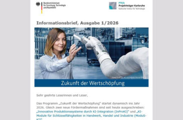 Screenshot des BMFTR Informationsbriefs, Ausgabe 1/2026: zeigt eine Frau in einem Produktions-Setting, die gerade etwas aus der Hand eines Roboters entgegennimmt.