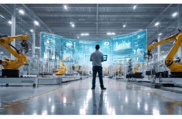 Bild der BK "Innovative Produktionssysteme durch KI-Integration (InProKI)". Gezeigt wird ein Mann in einer Fabrikhalle mit vielen Industrierobotern. Über ein Tablet überwacht der Mann die Produktionsprozesse, Diagramme und Schaubilder sind vor ihm projiziert.